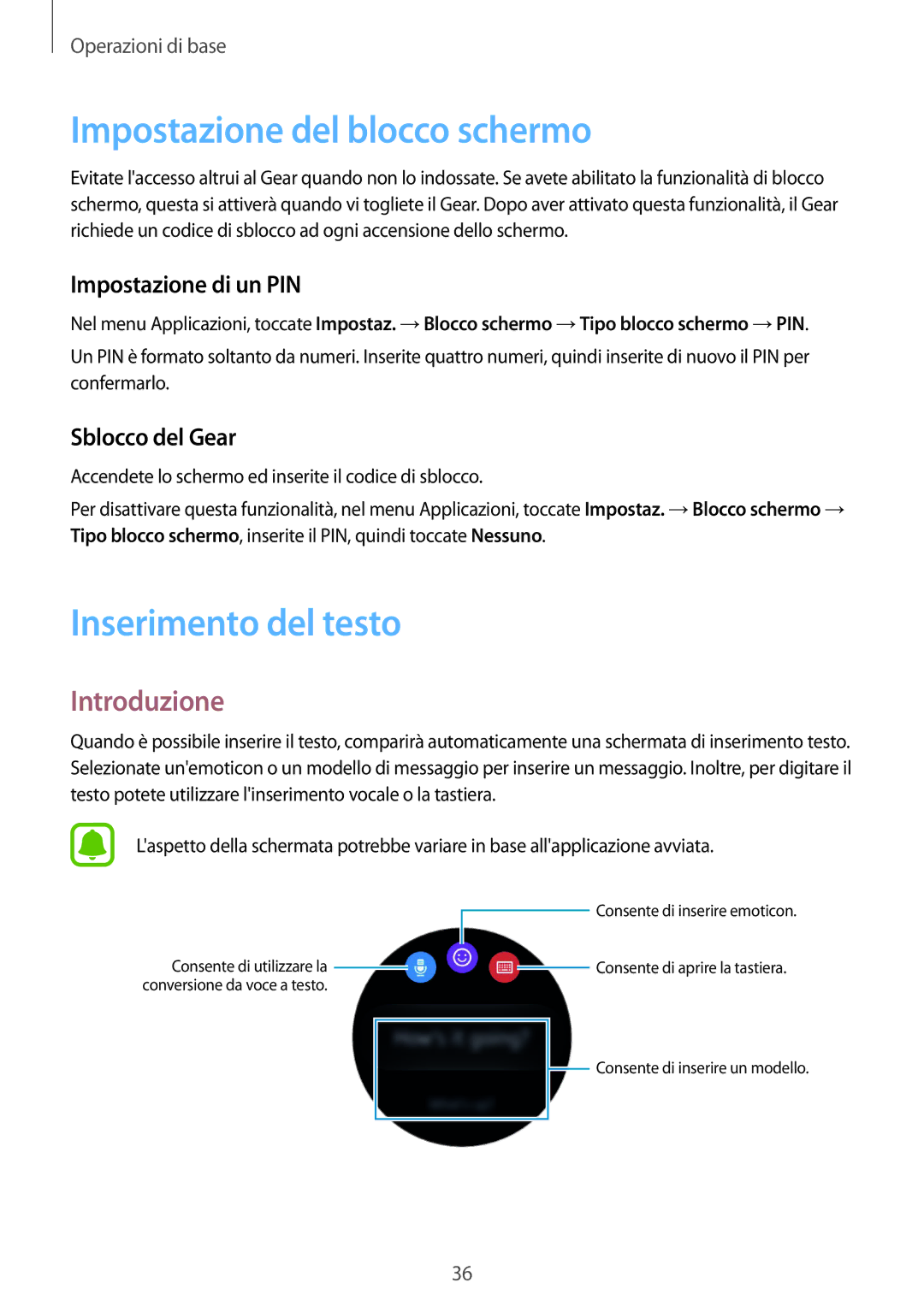 Samsung SM-R7350ZKGTIM Impostazione del blocco schermo, Inserimento del testo, Impostazione di un PIN, Sblocco del Gear 