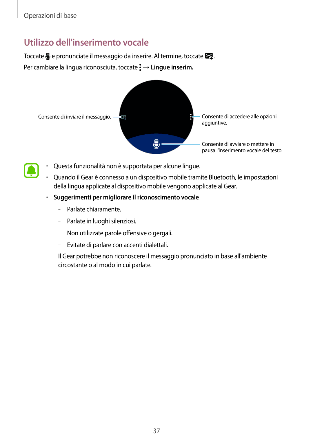 Samsung SM-R7350ZKGTIM manual Utilizzo dellinserimento vocale, Suggerimenti per migliorare il riconoscimento vocale 