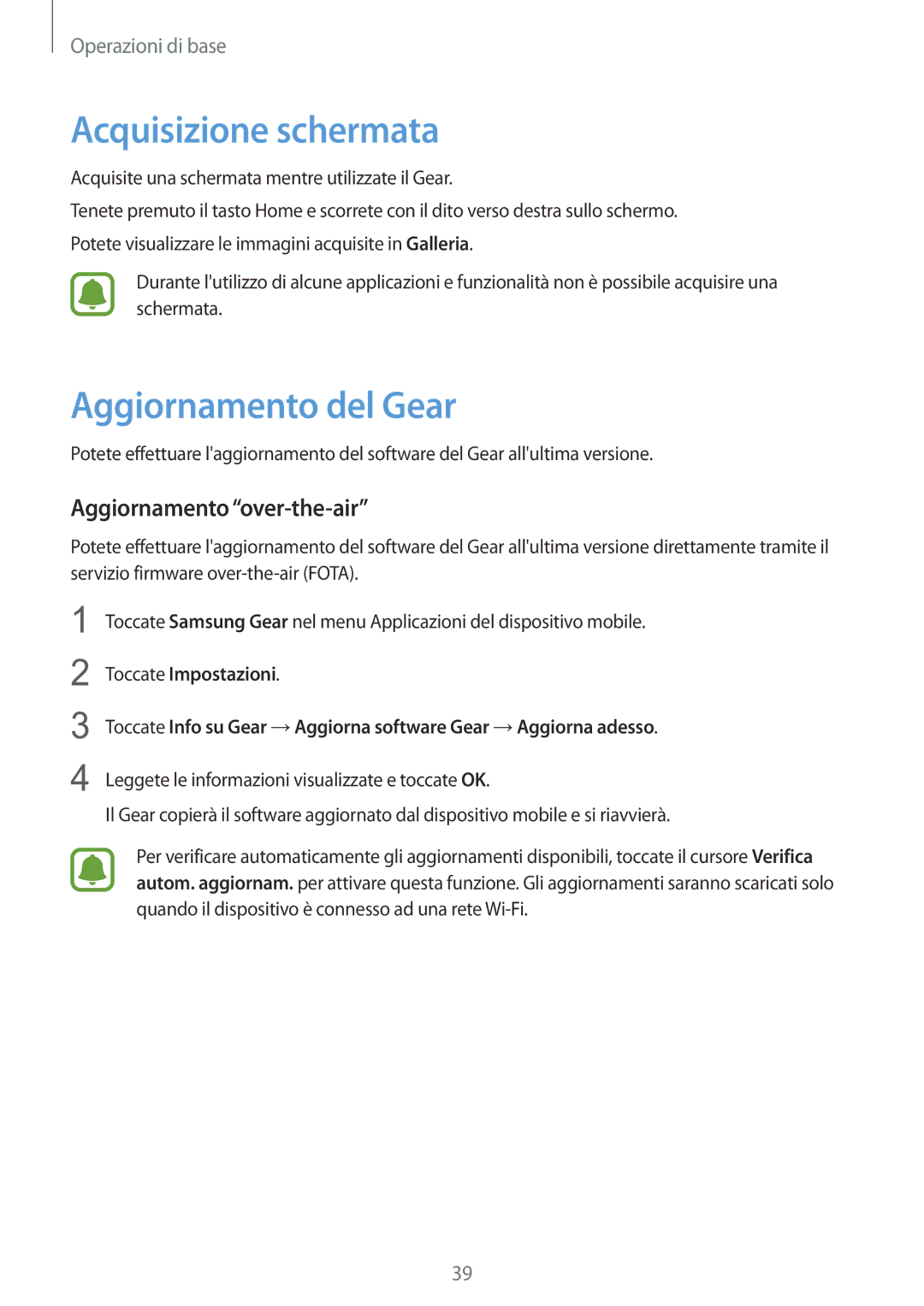 Samsung SM-R7350ZKGTIM manual Acquisizione schermata, Aggiornamento del Gear, Aggiornamento over-the-air 