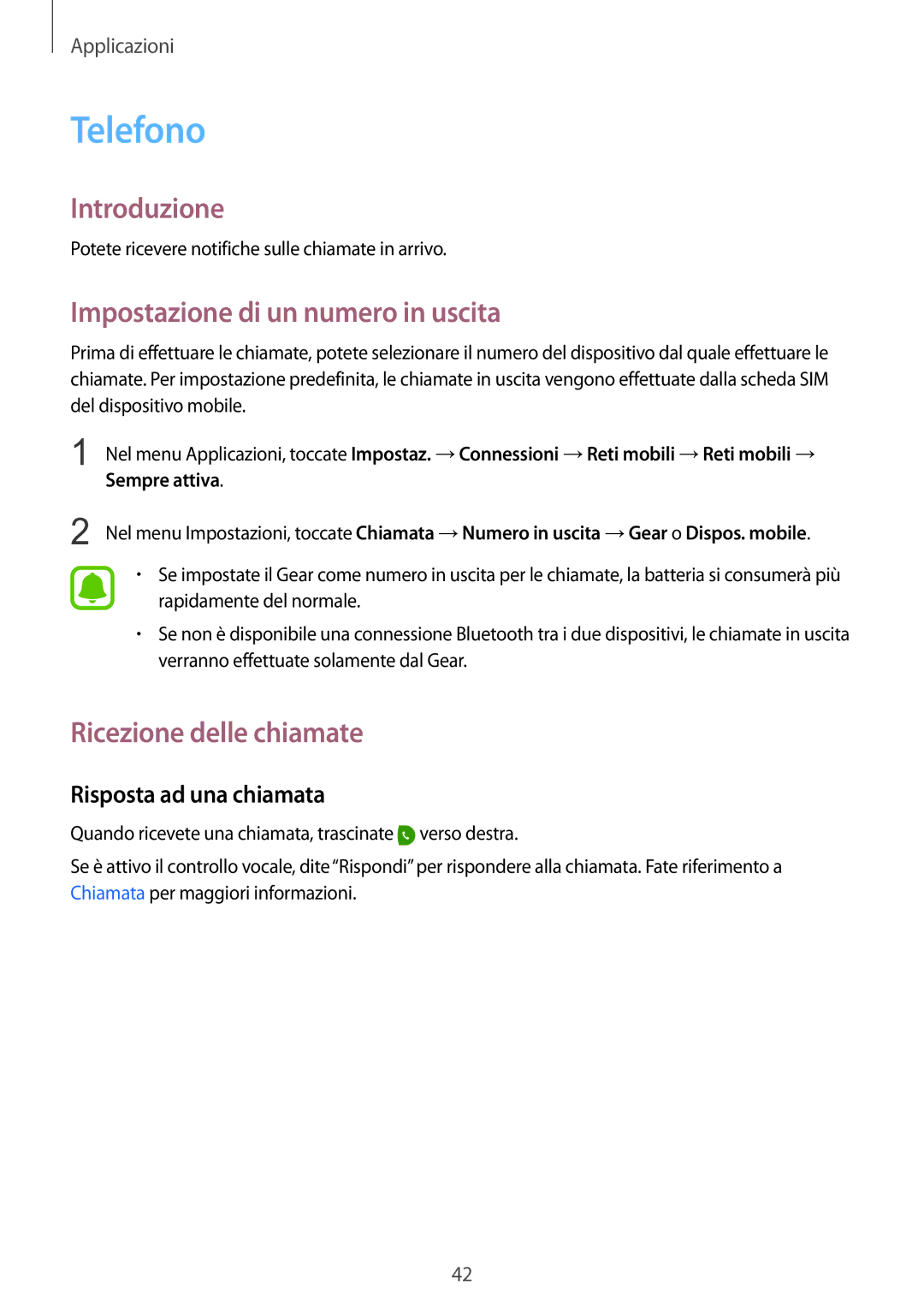 Samsung SM-R7350ZKGTIM Telefono, Impostazione di un numero in uscita, Ricezione delle chiamate, Risposta ad una chiamata 