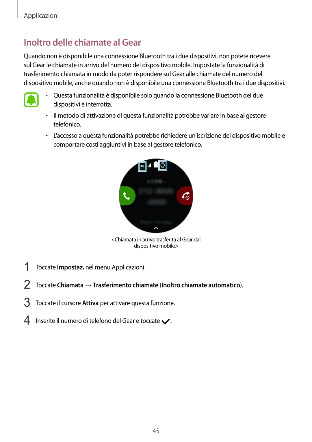 Samsung SM-R7350ZKGTIM manual Inoltro delle chiamate al Gear 