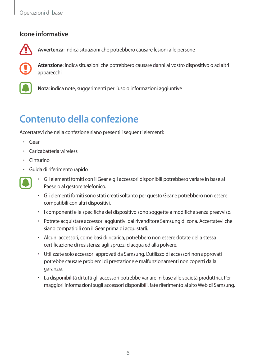 Samsung SM-R7350ZKGTIM manual Contenuto della confezione, Icone informative 