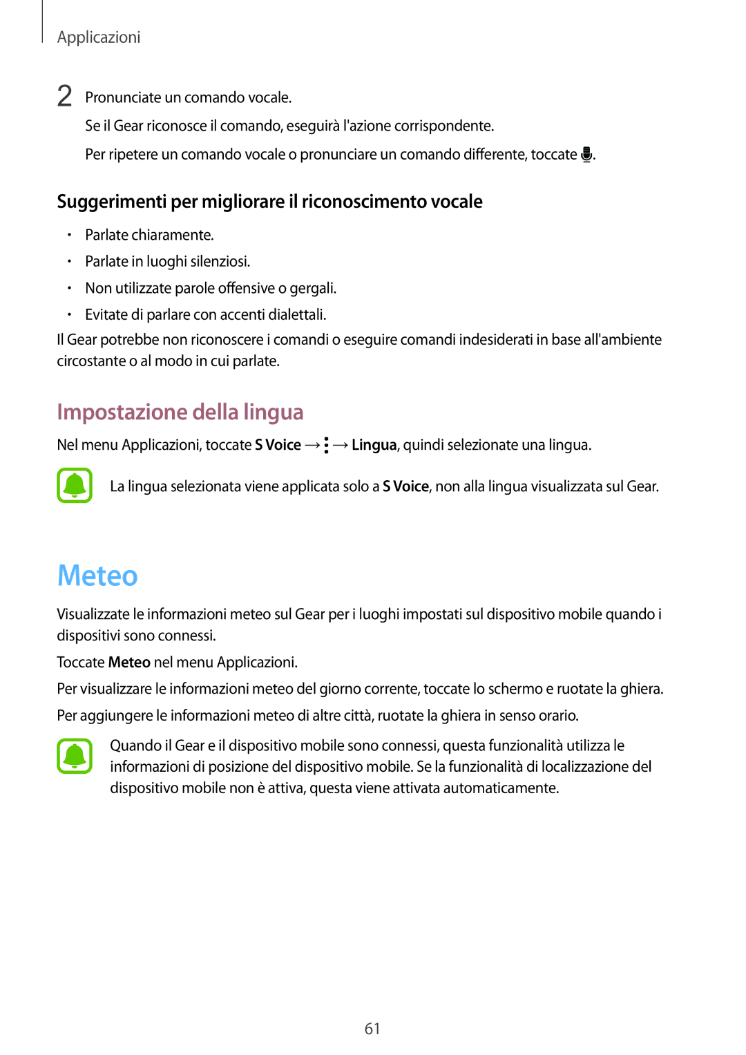 Samsung SM-R7350ZKGTIM manual Meteo, Impostazione della lingua, Suggerimenti per migliorare il riconoscimento vocale 