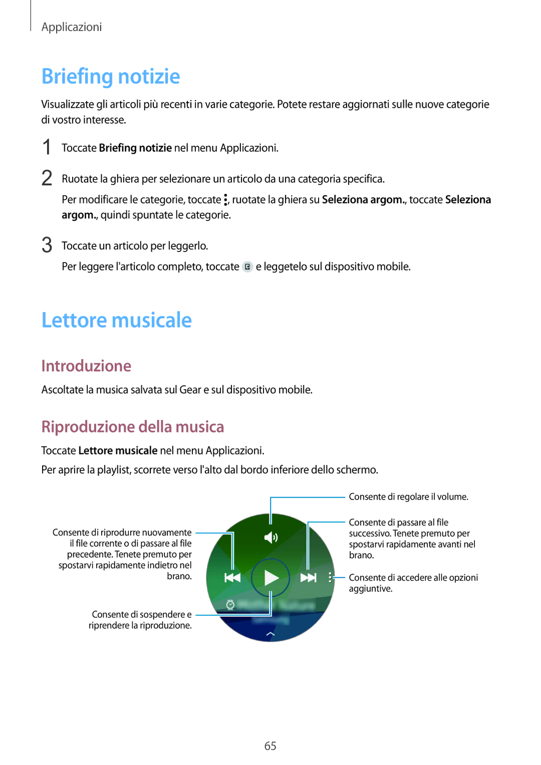 Samsung SM-R7350ZKGTIM manual Briefing notizie, Lettore musicale, Riproduzione della musica 