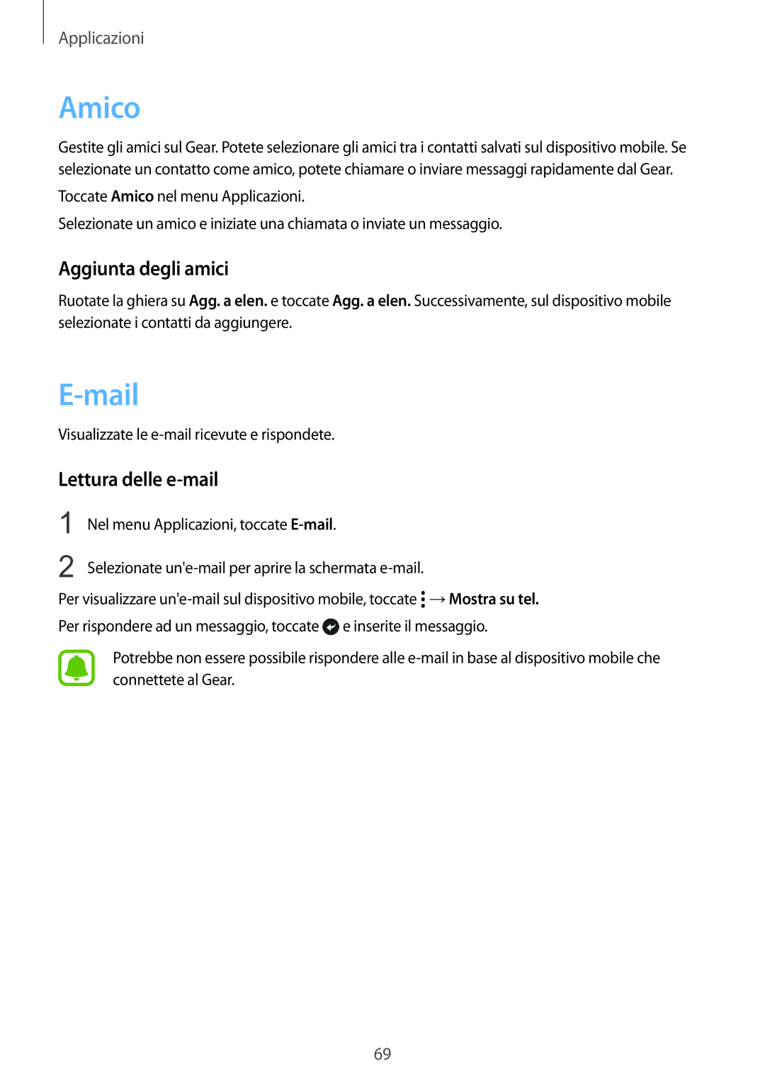 Samsung SM-R7350ZKGTIM manual Amico, Mail, Aggiunta degli amici, Lettura delle e-mail 