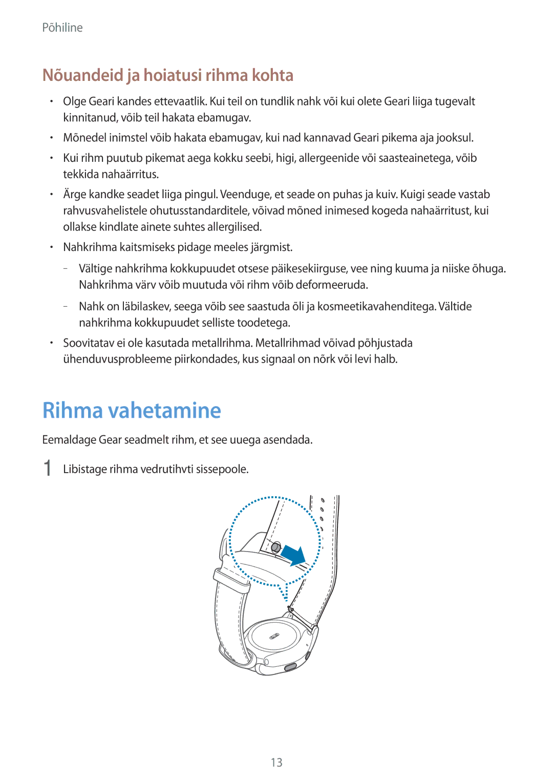 Samsung SM-R7350ZKOEMT manual Rihma vahetamine, Nõuandeid ja hoiatusi rihma kohta 