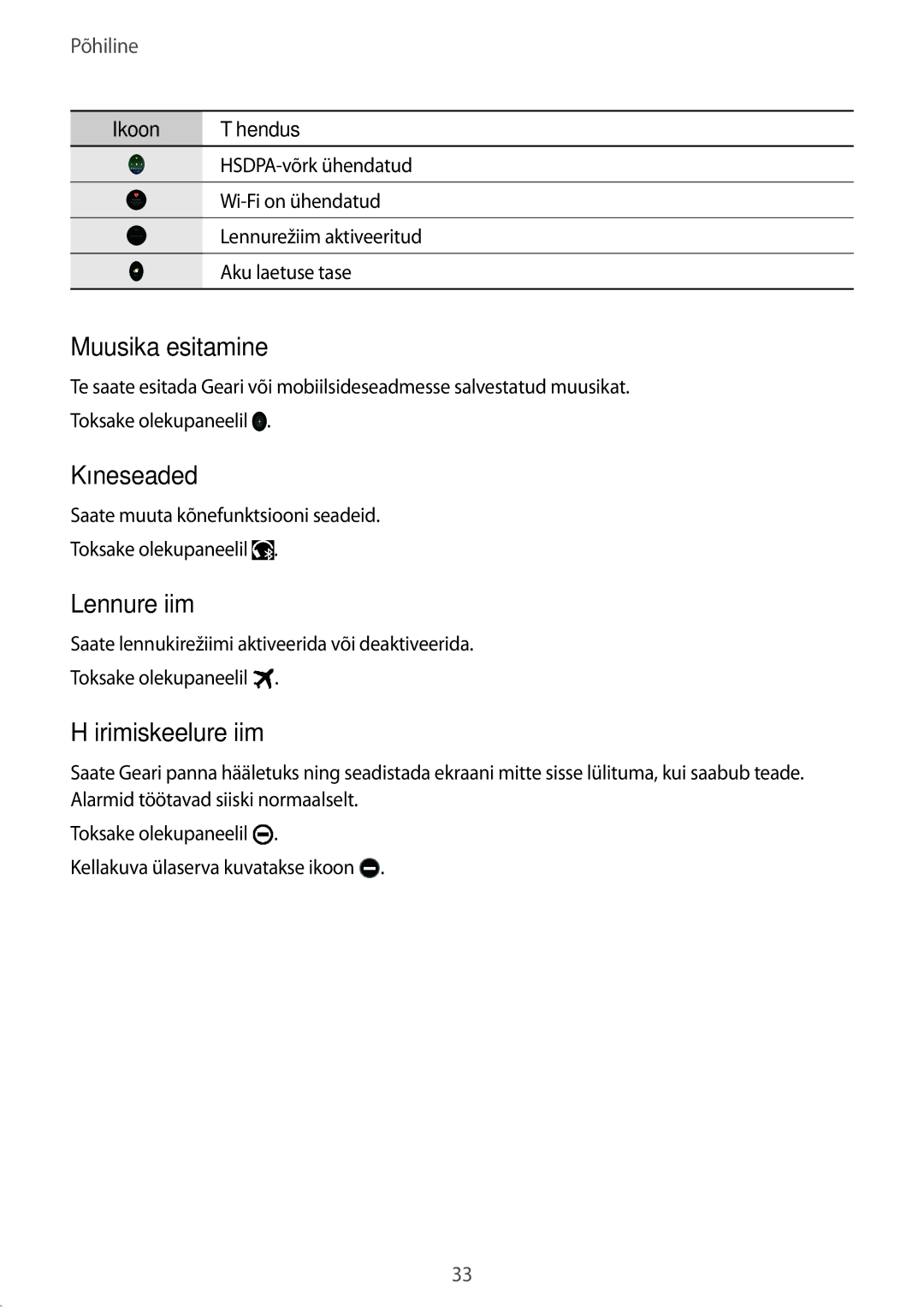 Samsung SM-R7350ZKOEMT manual Muusika esitamine, Kõneseaded, Lennurežiim, Häirimiskeelurežiim 