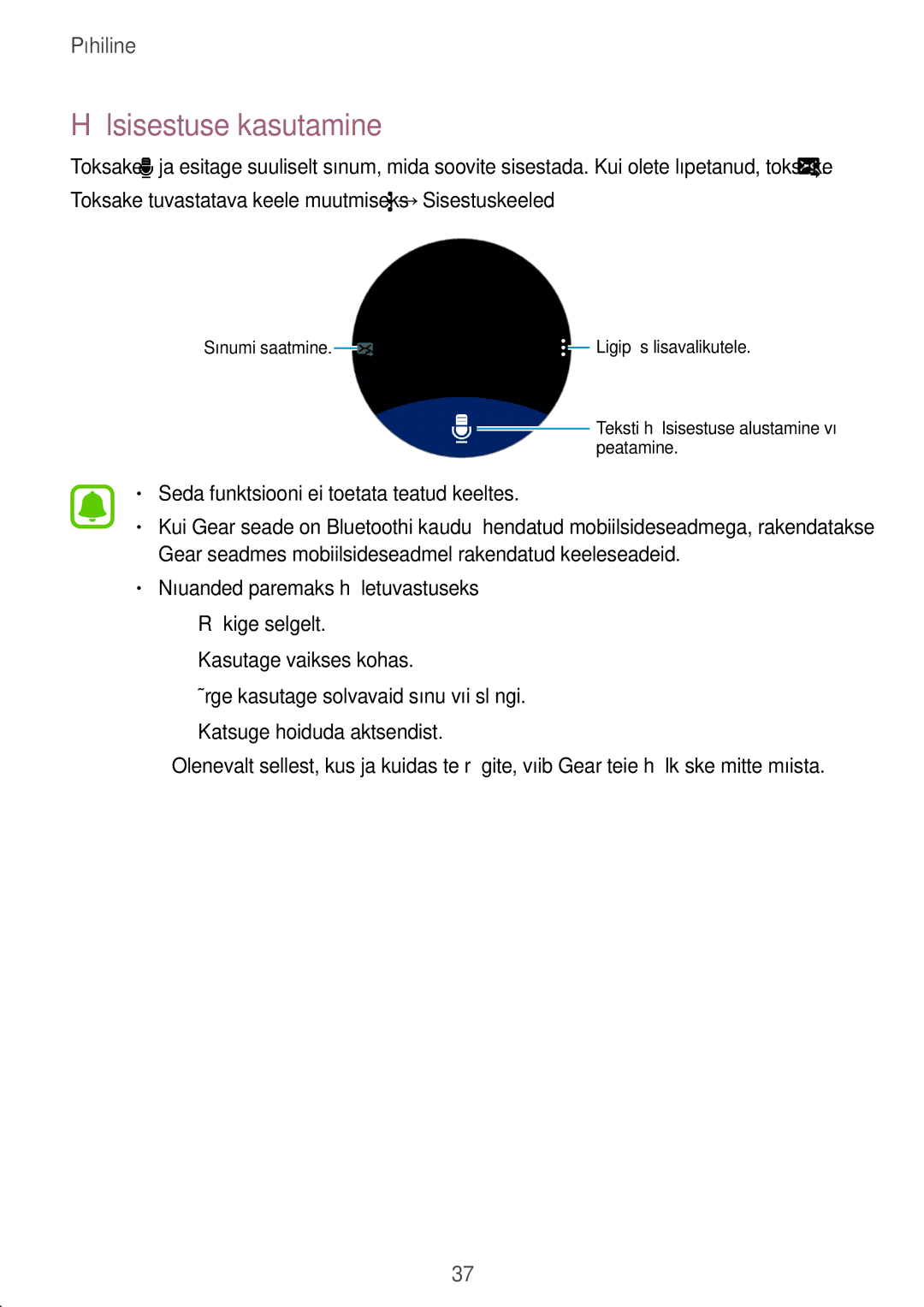 Samsung SM-R7350ZKOEMT manual Häälsisestuse kasutamine, Seda funktsiooni ei toetata teatud keeltes 