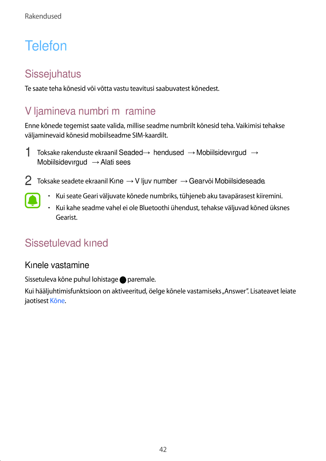 Samsung SM-R7350ZKOEMT manual Telefon, Väljamineva numbri määramine, Sissetulevad kõned, Kõnele vastamine 