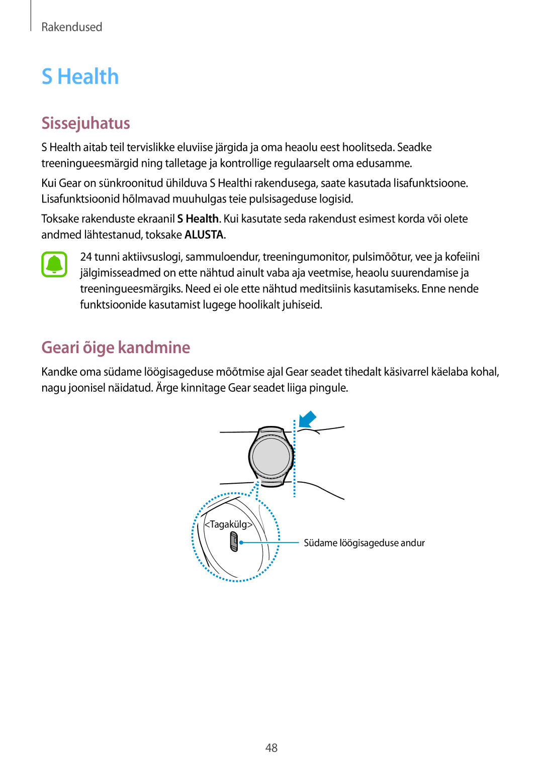 Samsung SM-R7350ZKOEMT manual Health, Geari õige kandmine 