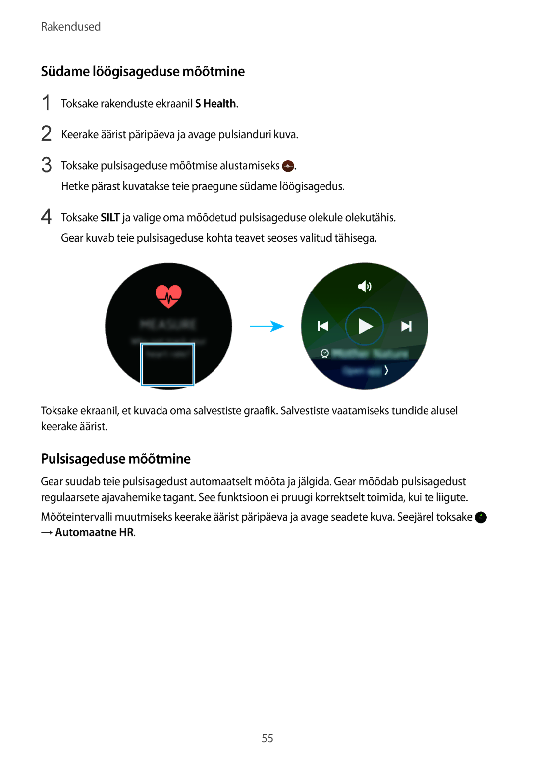 Samsung SM-R7350ZKOEMT manual Südame löögisageduse mõõtmine, Pulsisageduse mõõtmine, → Automaatne HR 