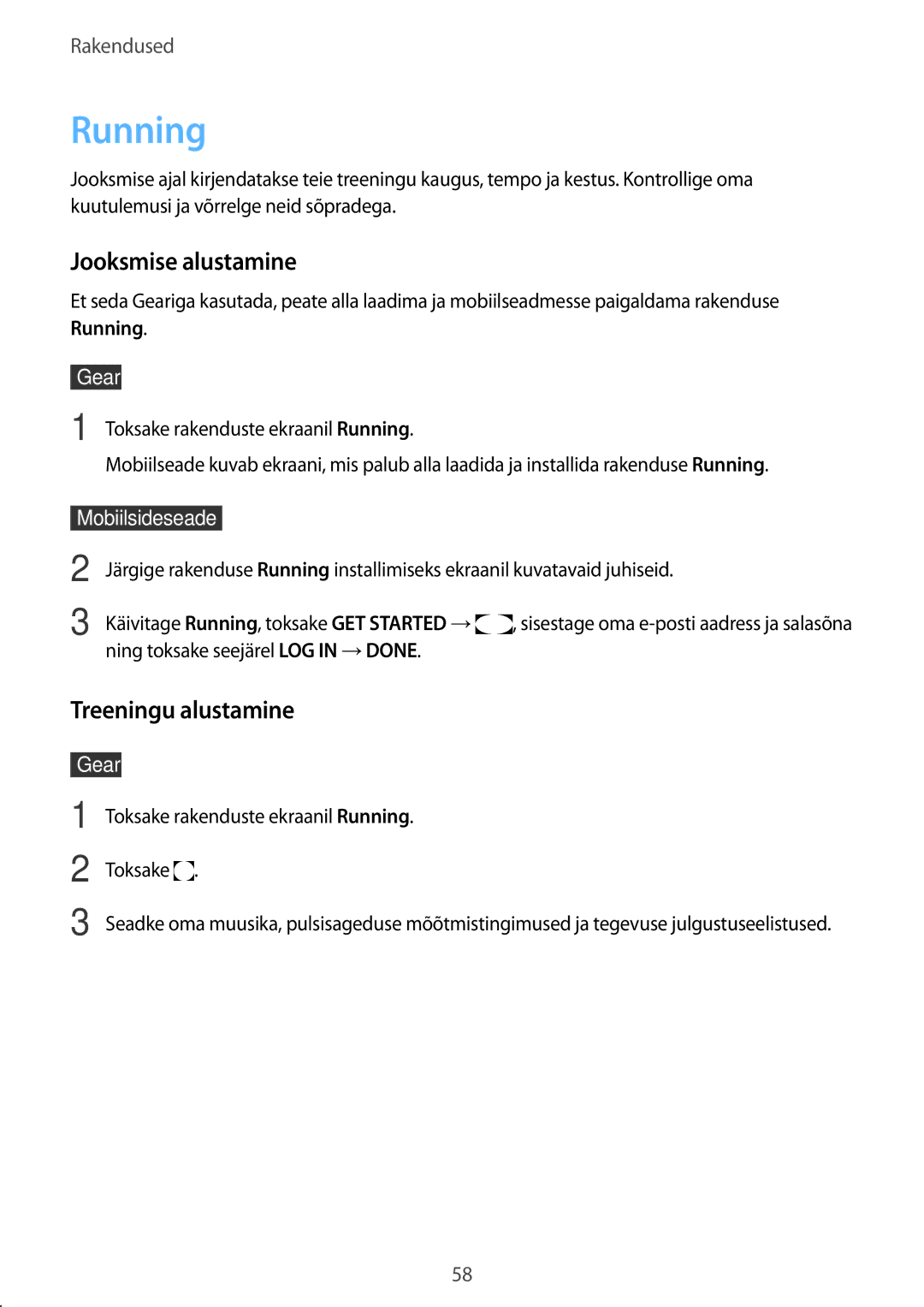 Samsung SM-R7350ZKOEMT manual Jooksmise alustamine, Treeningu alustamine, Toksake rakenduste ekraanil Running 