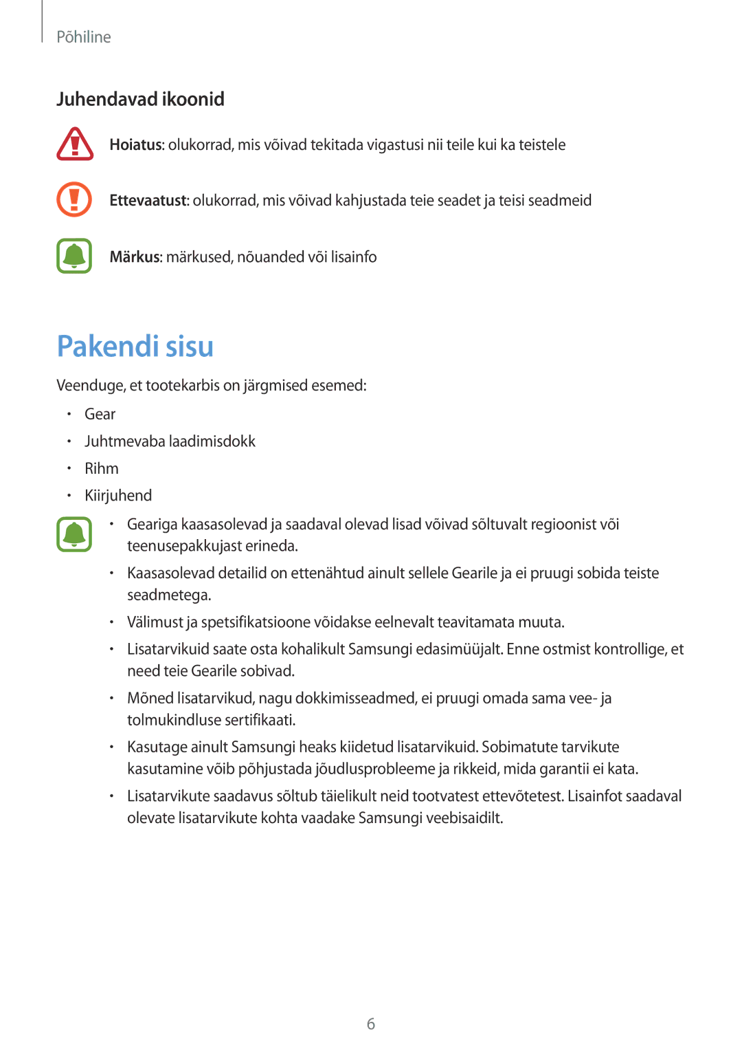 Samsung SM-R7350ZKOEMT manual Pakendi sisu, Juhendavad ikoonid 