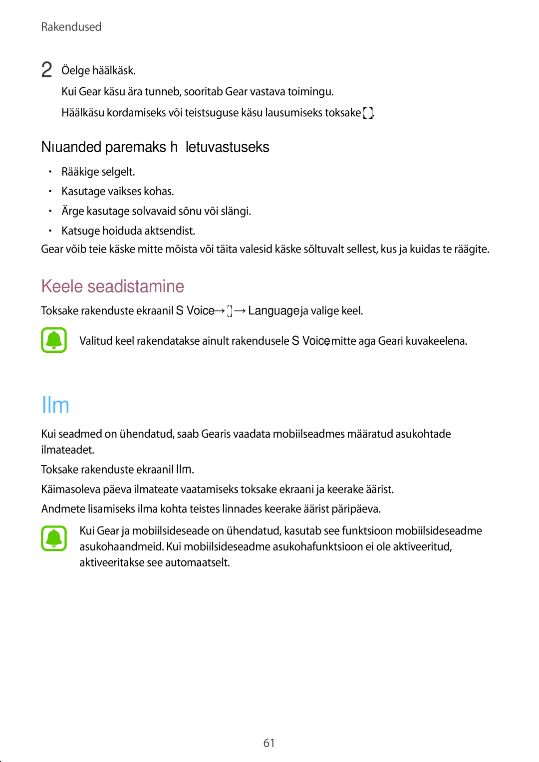 Samsung SM-R7350ZKOEMT manual Ilm, Keele seadistamine, Nõuanded paremaks hääletuvastuseks, Öelge häälkäsk 