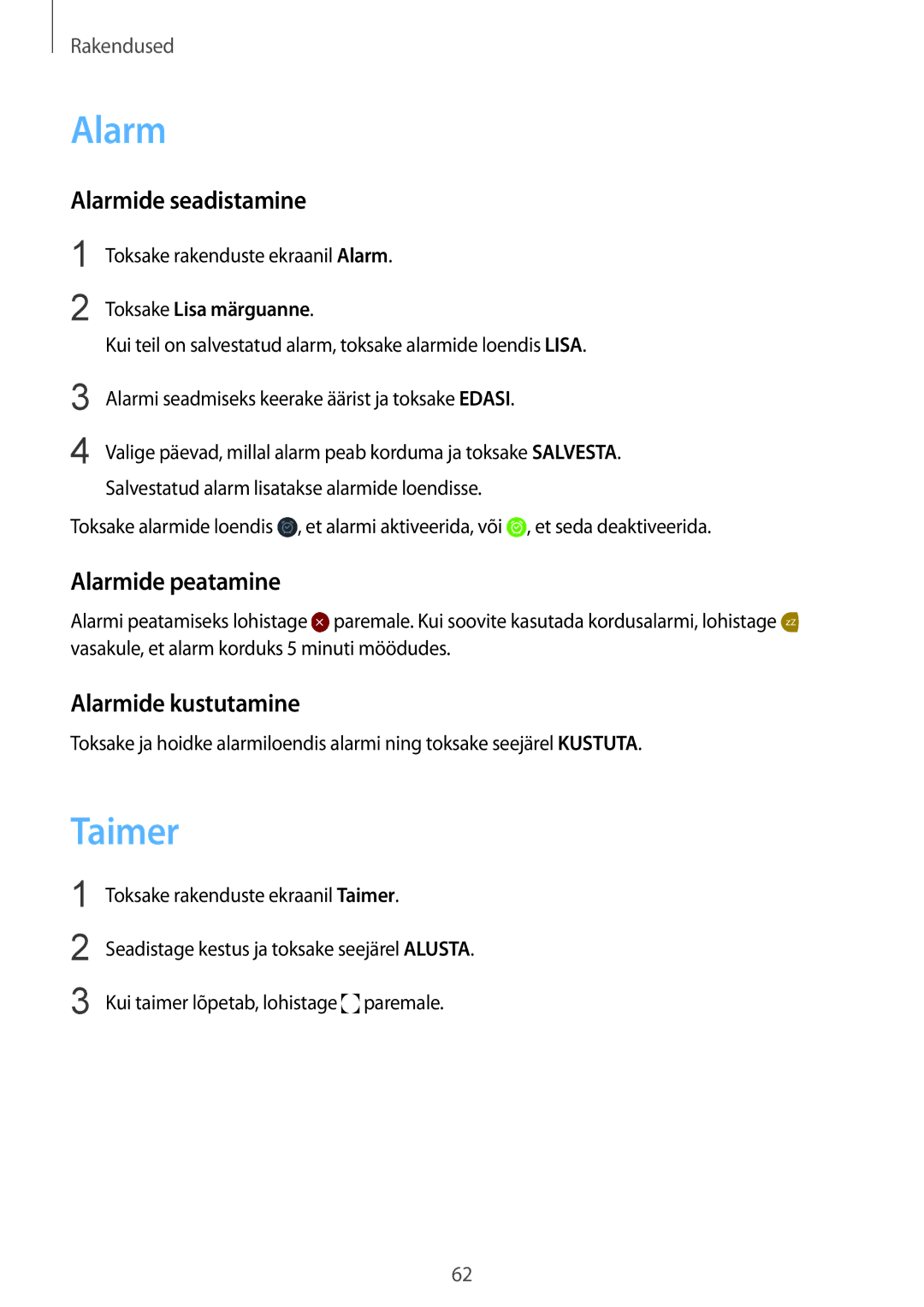 Samsung SM-R7350ZKOEMT manual Taimer, Alarmide seadistamine, Alarmide peatamine, Alarmide kustutamine 