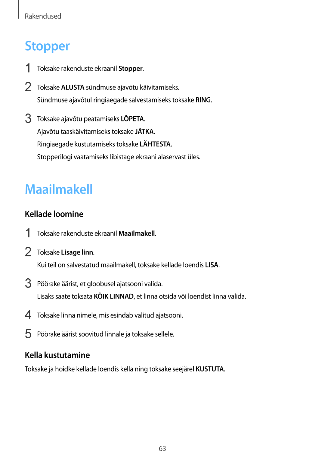 Samsung SM-R7350ZKOEMT manual Stopper, Maailmakell, Kellade loomine, Kella kustutamine, Toksake Lisage linn 