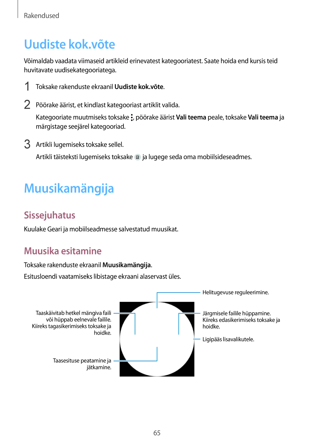 Samsung SM-R7350ZKOEMT manual Uudiste kok.võte, Muusikamängija, Muusika esitamine 