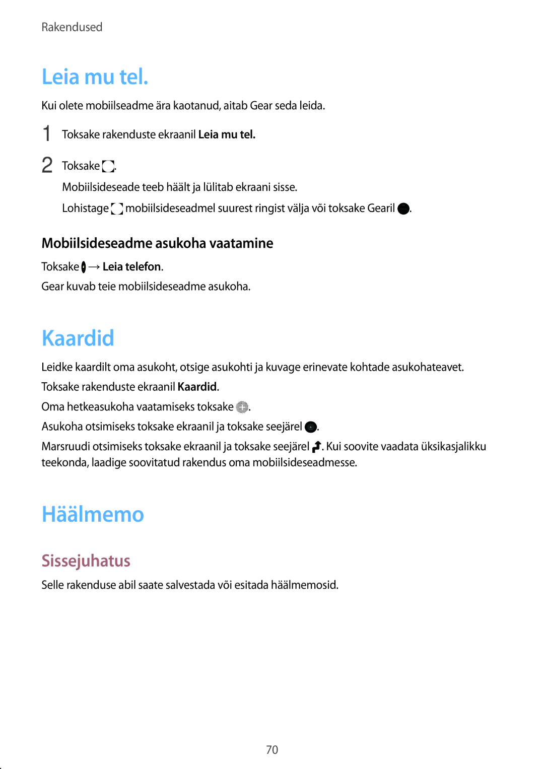 Samsung SM-R7350ZKOEMT manual Leia mu tel, Kaardid, Häälmemo, Mobiilsideseadme asukoha vaatamine, Toksake →Leia telefon 