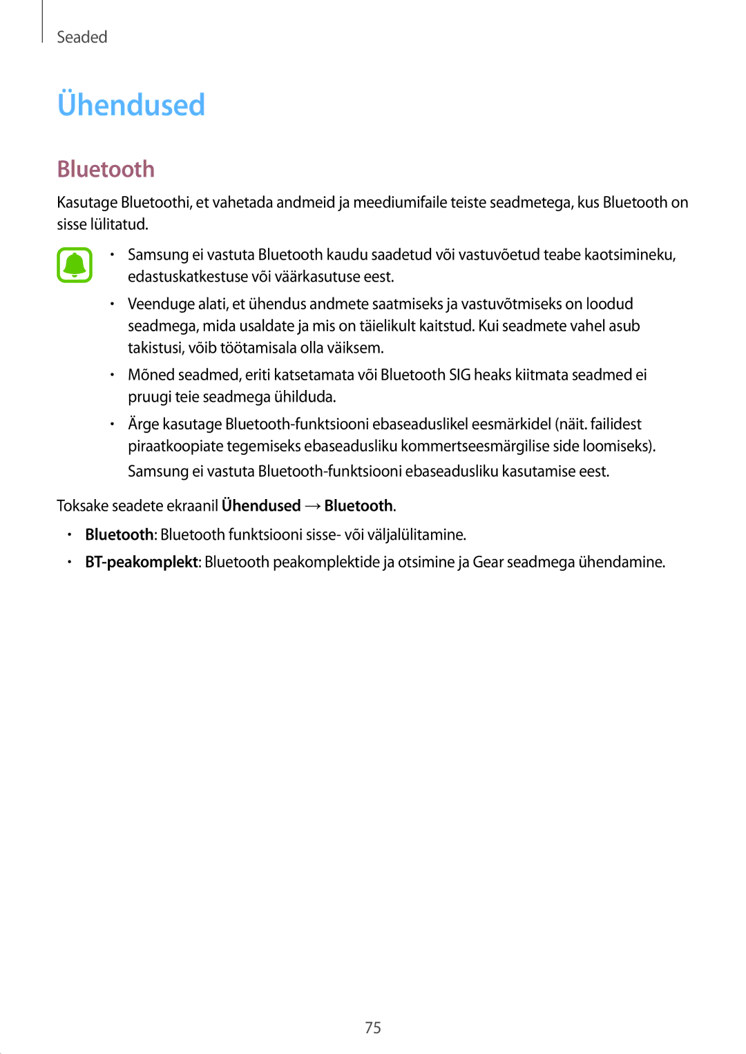 Samsung SM-R7350ZKOEMT manual Ühendused, Bluetooth 