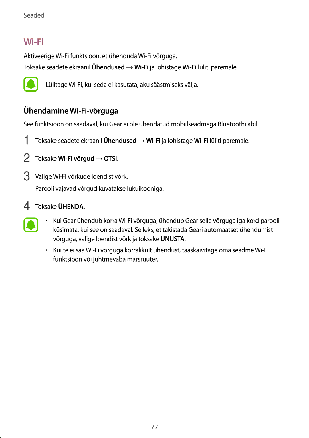 Samsung SM-R7350ZKOEMT manual Ühendamine Wi-Fi-võrguga, Toksake Wi-Fi võrgud →OTSI 