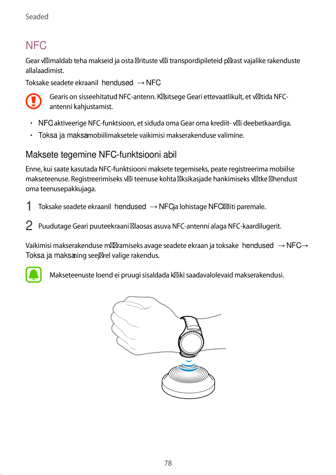 Samsung SM-R7350ZKOEMT manual Nfc, Maksete tegemine NFC-funktsiooni abil 