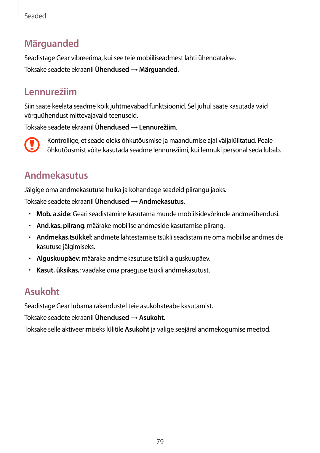 Samsung SM-R7350ZKOEMT manual Märguanded, Lennurežiim, Andmekasutus, Asukoht 