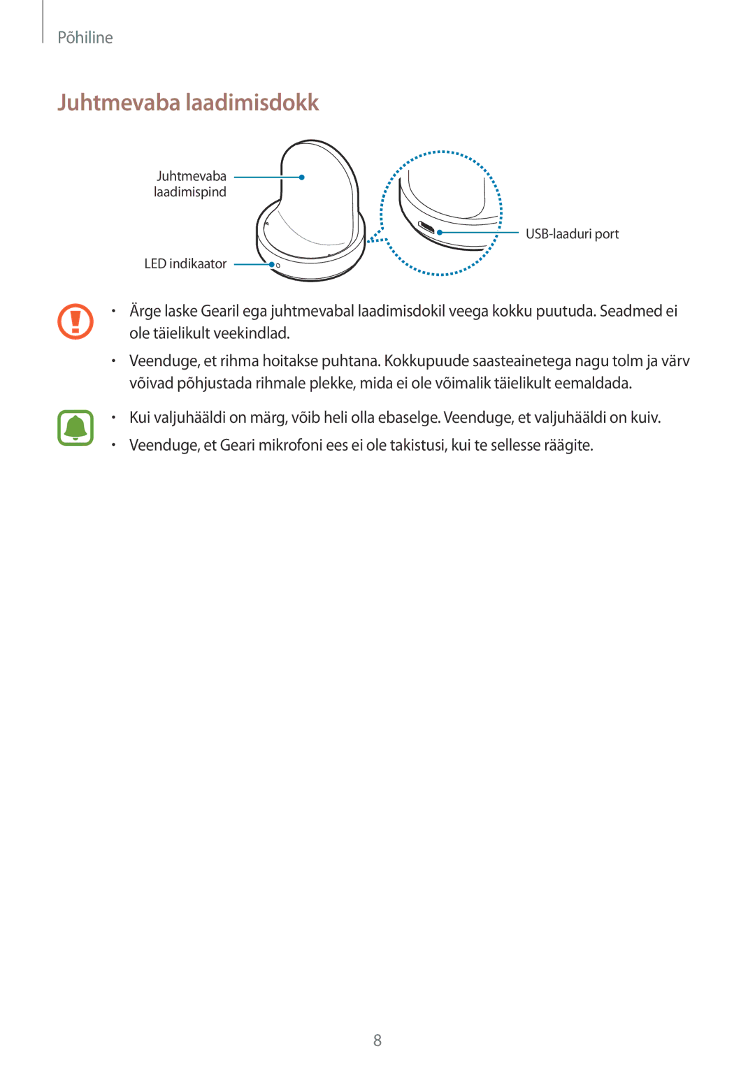 Samsung SM-R7350ZKOEMT manual Juhtmevaba laadimisdokk, Ole täielikult veekindlad 