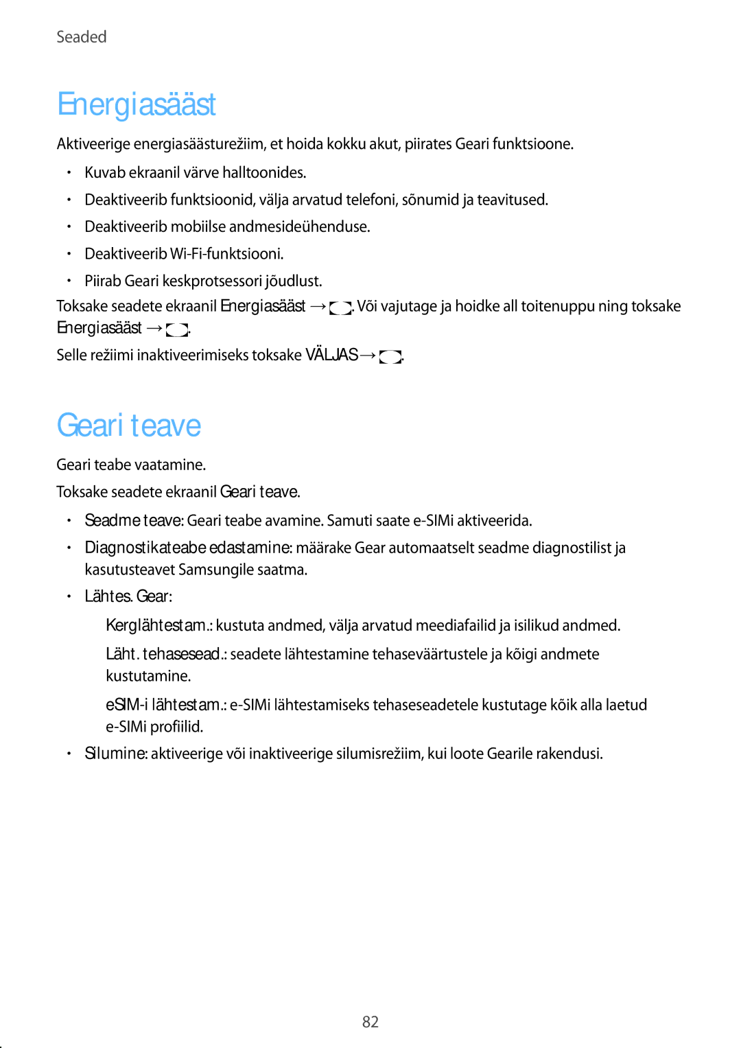 Samsung SM-R7350ZKOEMT manual Energiasääst, Geari teave, Lähtes. Gear 