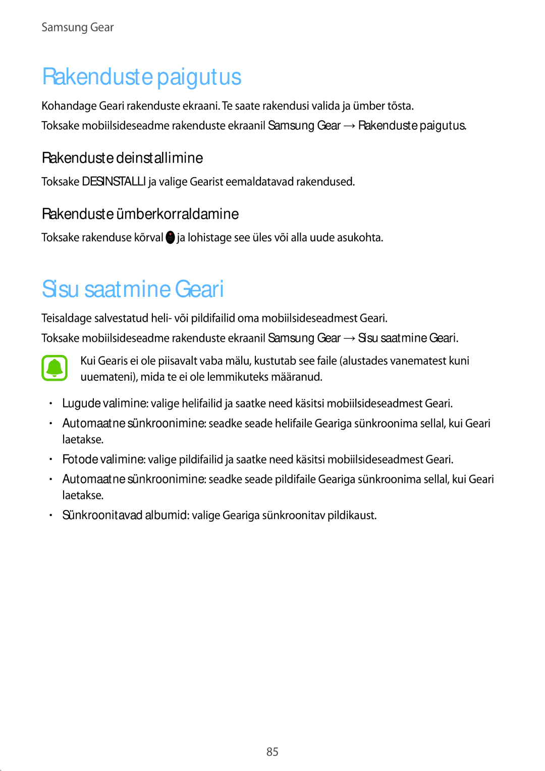 Samsung SM-R7350ZKOEMT manual Rakenduste paigutus, Sisu saatmine Geari, Rakenduste ümberkorraldamine 