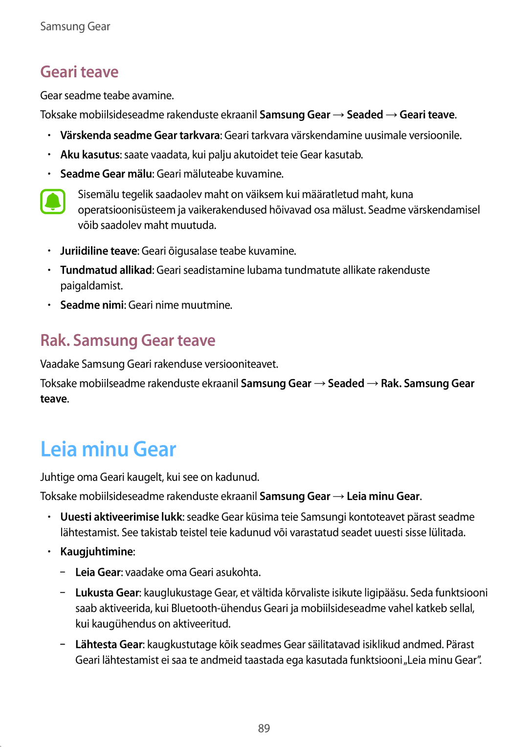 Samsung SM-R7350ZKOEMT manual Leia minu Gear, Geari teave, Rak. Samsung Gear teave, Kaugjuhtimine 