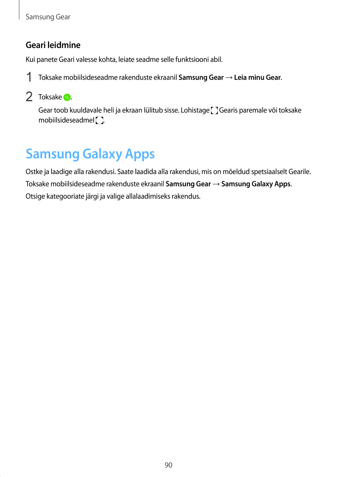 Samsung SM-R7350ZKOEMT manual Samsung Galaxy Apps, Geari leidmine 