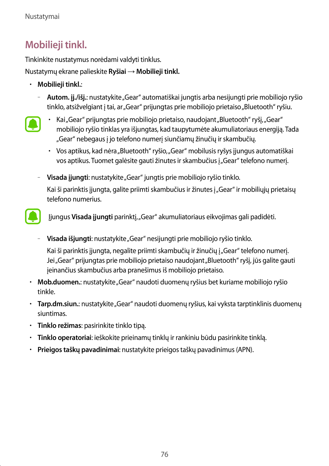 Samsung SM-R7350ZKOEMT manual Mobilieji tinkl 