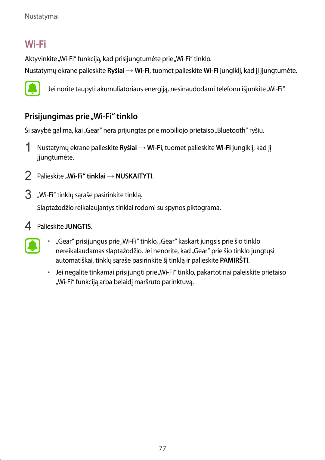 Samsung SM-R7350ZKOEMT manual Prisijungimas prie„Wi-Fi tinklo, Palieskite „Wi-Fi tinklai →NUSKAITYTI 