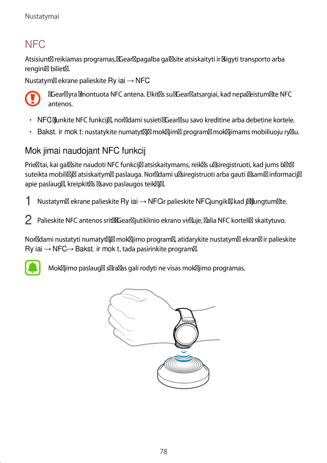 Samsung SM-R7350ZKOEMT manual Nfc, Mokėjimai naudojant NFC funkciją 