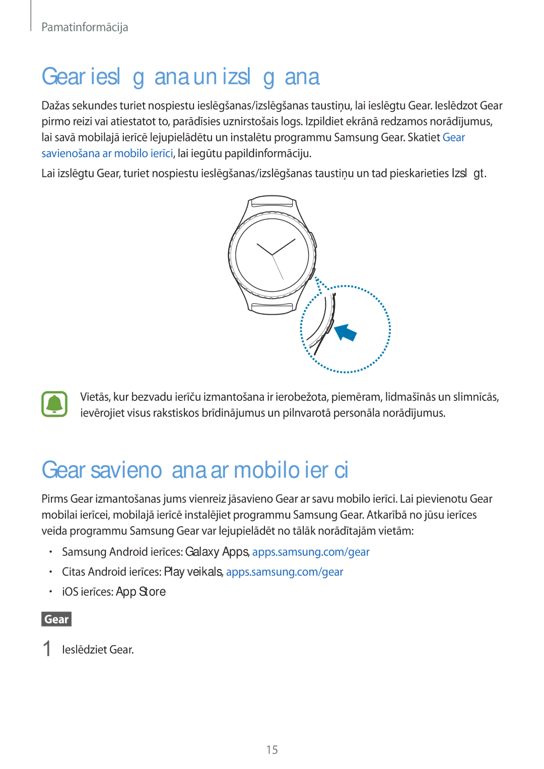 Samsung SM-R7350ZKOEMT manual Gear ieslēgšana un izslēgšana, Gear savienošana ar mobilo ierīci, IOS ierīces App Store 