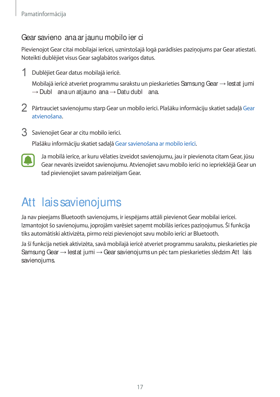 Samsung SM-R7350ZKOEMT manual Attālais savienojums, Gear savienošana ar jaunu mobilo ierīci 