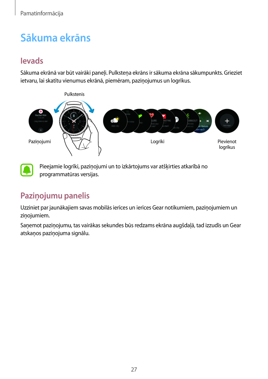 Samsung SM-R7350ZKOEMT manual Sākuma ekrāns, Paziņojumu panelis 