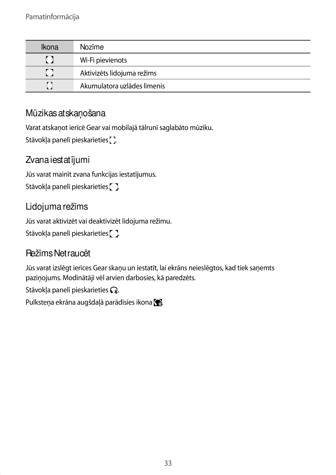 Samsung SM-R7350ZKOEMT manual Mūzikas atskaņošana, Zvana iestatījumi, Lidojuma režīms, Režīms Netraucēt 