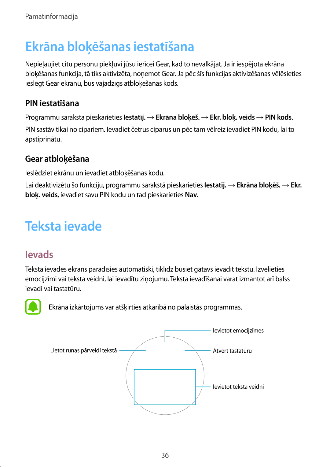 Samsung SM-R7350ZKOEMT manual Ekrāna bloķēšanas iestatīšana, Teksta ievade, PIN iestatīšana, Gear atbloķēšana 