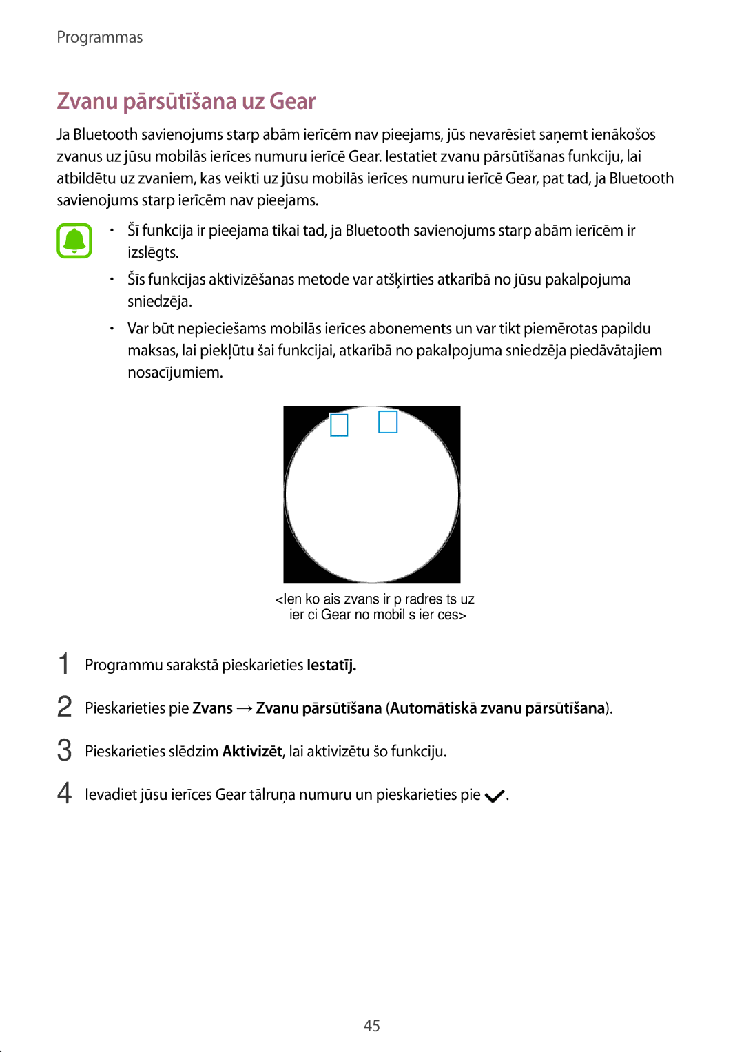 Samsung SM-R7350ZKOEMT manual Zvanu pārsūtīšana uz Gear, Programmu sarakstā pieskarieties Iestatīj 