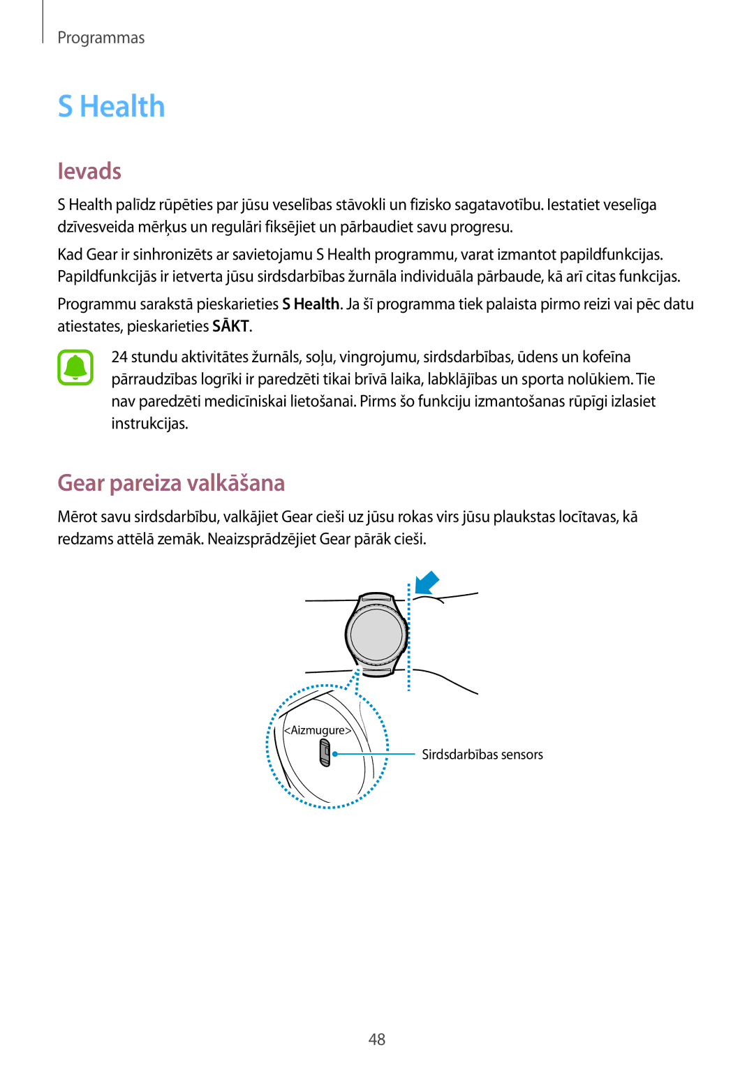 Samsung SM-R7350ZKOEMT manual Health, Gear pareiza valkāšana 