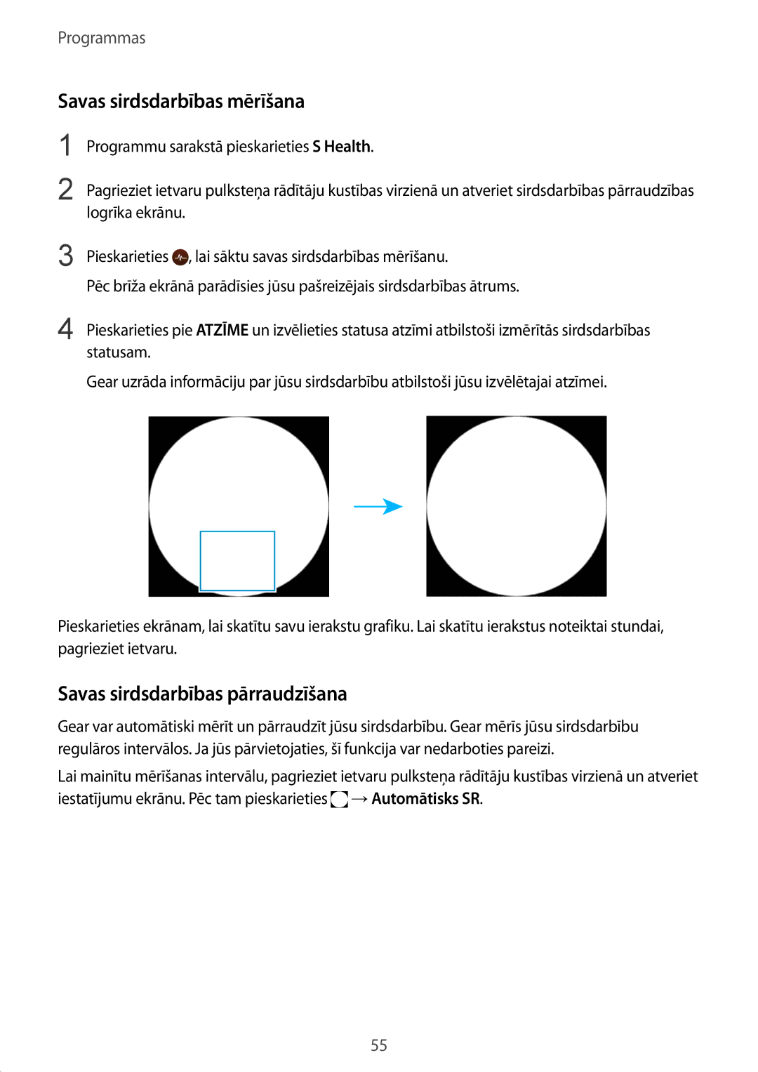 Samsung SM-R7350ZKOEMT manual Savas sirdsdarbības mērīšana, Savas sirdsdarbības pārraudzīšana 