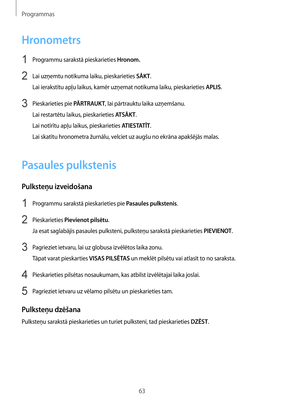 Samsung SM-R7350ZKOEMT manual Hronometrs, Pasaules pulkstenis, Pulksteņu izveidošana, Pulksteņu dzēšana 