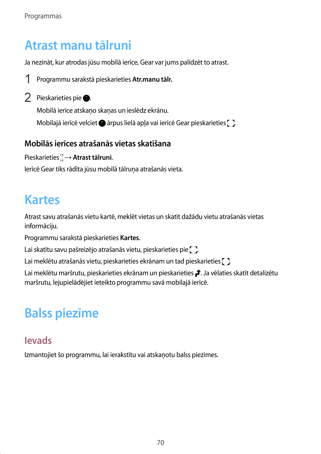 Samsung SM-R7350ZKOEMT manual Atrast manu tālruni, Kartes, Balss piezīme, Mobilās ierīces atrašanās vietas skatīšana 