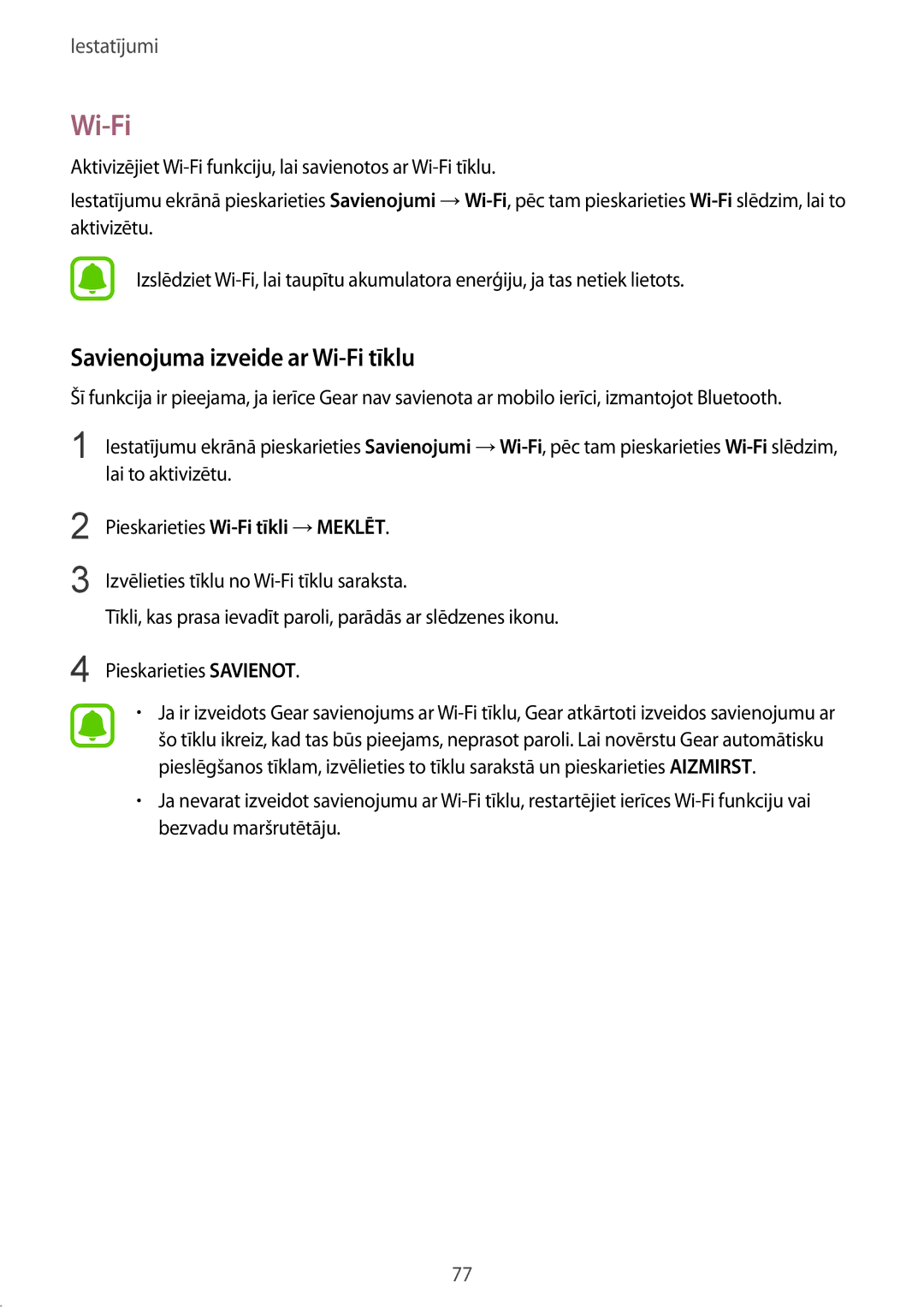 Samsung SM-R7350ZKOEMT manual Savienojuma izveide ar Wi-Fi tīklu, Pieskarieties Wi-Fi tīkli →MEKLĒT 