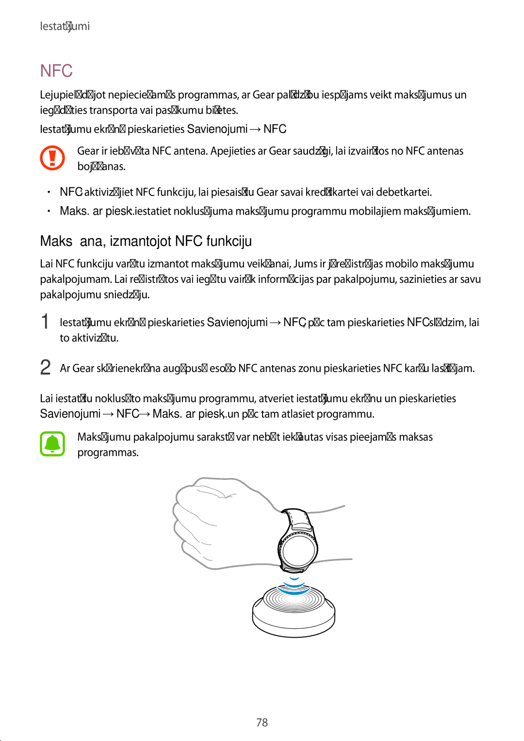 Samsung SM-R7350ZKOEMT manual Maksāšana, izmantojot NFC funkciju, To aktivizētu 