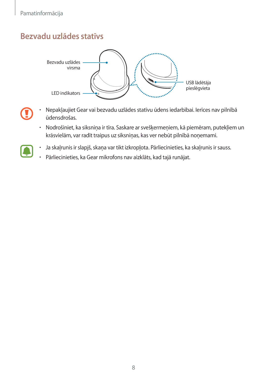 Samsung SM-R7350ZKOEMT manual Bezvadu uzlādes statīvs, Ūdensdrošas 