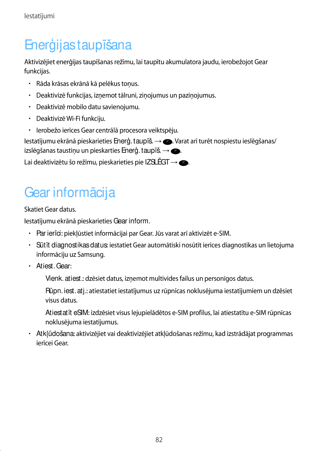 Samsung SM-R7350ZKOEMT manual Enerģijas taupīšana, Gear informācija, Atiest. Gear 