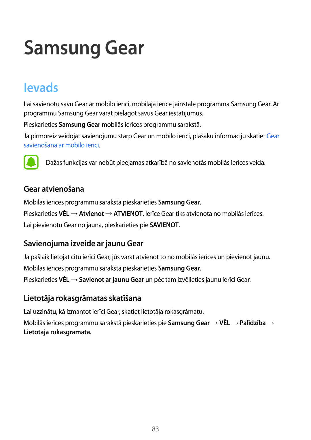 Samsung SM-R7350ZKOEMT manual Gear atvienošana, Savienojuma izveide ar jaunu Gear, Lietotāja rokasgrāmatas skatīšana 