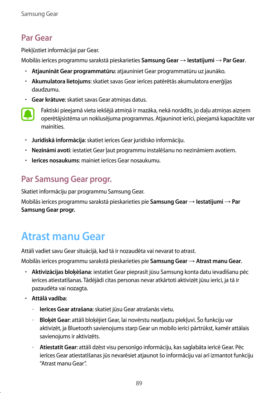 Samsung SM-R7350ZKOEMT manual Atrast manu Gear, Par Gear, Par Samsung Gear progr, Attālā vadība 